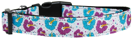 Blue and Purple Hibiscus Flower Nylon Dog Collar XL